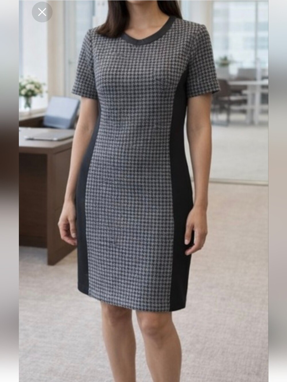 J. Crew Black and Gray Leather Houndstooth Sheath Dress